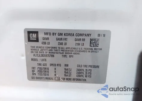 2019 Chevrolet Trax Lt z USA, uszkodzony, nr VIN KL7CJLSB2KB757996